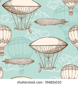 Hand drawn vintage vector seamless pattern with air balloons flying in the sky