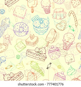 hand drawn vintage vector seamless pattern, doodle style set of sweets and desserts, colorful lines on yellow background