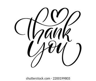 Hand drawn vintage vector text Thank you and heart. Calligraphy lettering illustration for wedding, Thanksgiving Day, greeting card, tag. Isolated on white background.