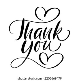 Hand drawn vintage vector text Thank you and heart. Calligraphy lettering love autumn romantic valentines illustration for wedding, Thanksgiving Day, greeting card. Isolated on white.