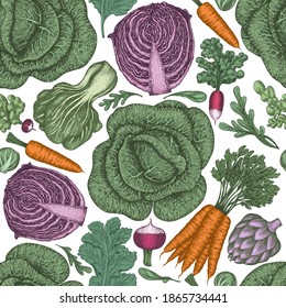 Hand drawn vintage vegetables. Organic fresh food vector seamless pattern. Retro vegetable background. Traditional botanical illustrations.