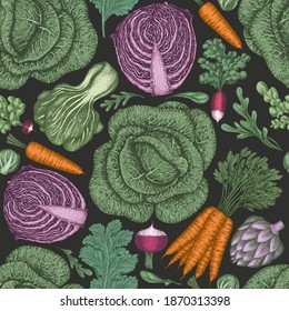 Hand drawn vintage vegetables. Organic fresh food vector seamless pattern. Retro vegetable background. Traditional botanical illustrations on dark background.