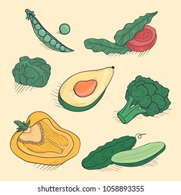 Hand drawn vintage vegetables set. Shadows on the single layer. Green, red and yellow objects. Laconic colors and beautiful line.