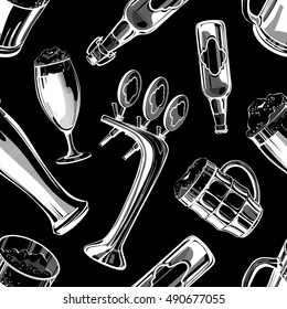 Hand drawn vintage white beer theme illustrations seamless pattern on black background. RGB EPS 10 vector elements set