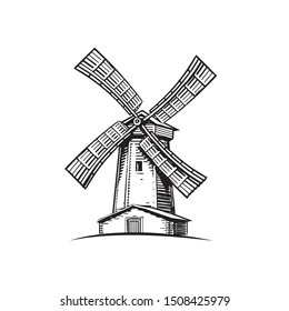 Hand drawn vintage windmill. Engraved style vector illustration.