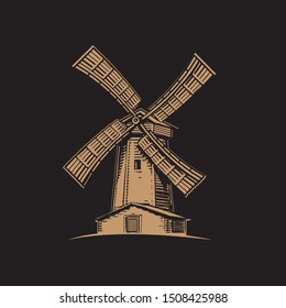 Hand drawn vintage windmill. Engraved style vector illustration.