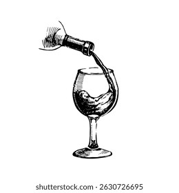 Hand drawn vintage wine glass and bottle. Vector sketch illustration isolated on white bg