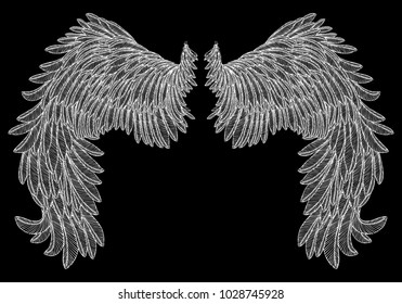 Hand drawn vintage wings pair. Etched woodcut vintage style pair of wing. Sketch vector. 