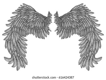 Hand drawn vintage wings pair. Etched woodcut vintage style pair of wing. Sketch vector. 