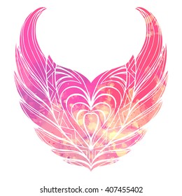 Hand drawn vintage wings.Object with doodle pattern and pink watercolor background. Vector element for tattoo sketch, printing on T-shirts, postcards and your design