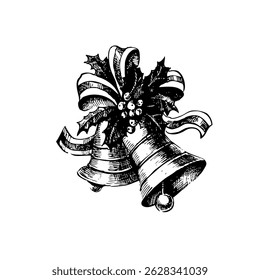 Hand drawn vintage winter Christmas bells sketch. Vector illustration isolated on white bg