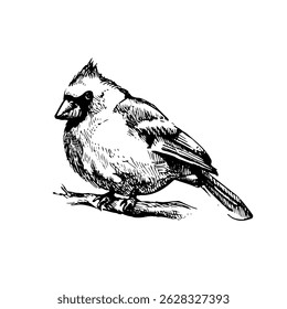 Hand drawn vintage winter sketch of Cardinal bird. Vector Christmas illustration on white background