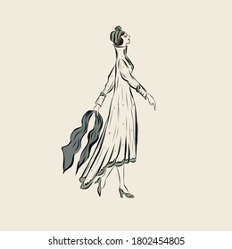 hand drawn vintage woman in elegance style. vector clip art. illustration for vintage postcard or poster