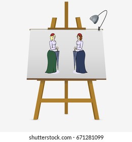 Hand drawn vintage women with umbrellas. Vector stock illustration on easel