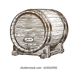 Hand drawn vintage wooden wine cask. Drink, oak barrel sketch. Vector illustration