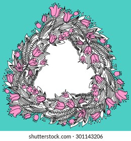 Hand drawn vintage wreath with flowers and central copy space for your text