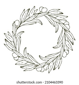 Hand drawn vintage wreath of olive tree branches on white