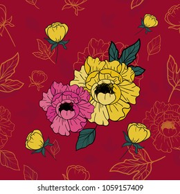 Hand drawn vintage Yellow and Pink Peony Flowers with leaves pattern on deep red background, Seamless vector texture, Printing textile, EPS 10