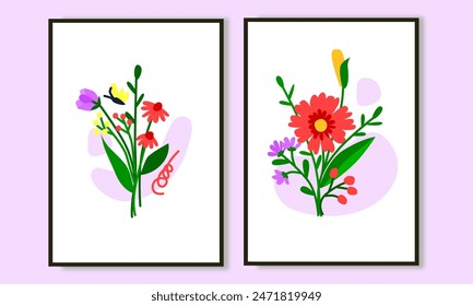 Hand drawn vintages flowers wall art set collection. Botanical flower wall decorations, wall print, art deco and wallpaper for home.