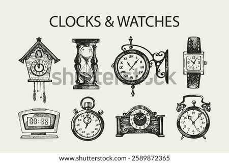 Hand drawn vintahe set of clocks and watches, sketch collection