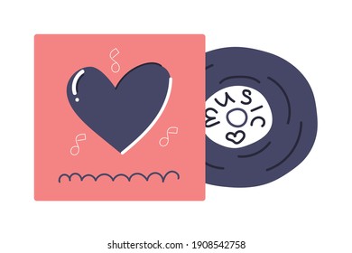 Hand drawn Vinyl Record, retro design, love music concept. Flat illustration.