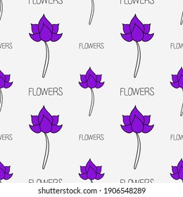 Handgezeichnete violette Blume nahtloses Muster mit schwarzer Umrisslinie. Pflanzenmuster für Ornamente, Umhüllungen und Tapeten. Dekorative abstrakte, bearbeitbare Hintergrundoberfläche für Druck, Deckel und Ornament, Wiederholung