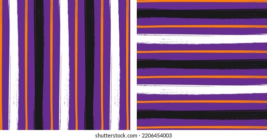 Hand Drawn Violet Orange Stripe Halloween Pattern. Halloween Brush Stroke Pattern. Set Of 2 Vector Patterns