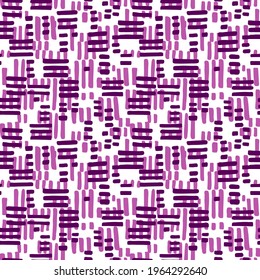 Hand drawn violet and pink rectangles on white background. Grid structure, happy artistic design. Seamless repeatable vector pattern.