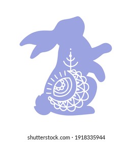 Hand drawn violet silhouette Easter bunny with decorative element isolated on white background. Vector flat illustration. Design for invitation card, flyer, logo, textile  print