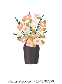 Hand drawn violet spring flower vase. Trendy stylish floral bouquet. Bright blooms illustration for florist icon buttons, celebration or gift card clipart.