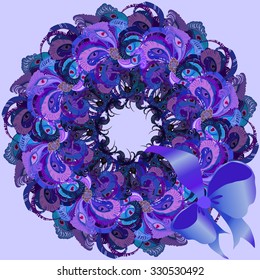 Hand drawn violet wreath with painted peacock feathers and ribbon with bow isolated on light background. Vector illustration.