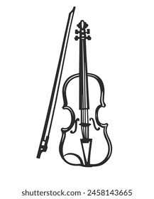 Violín y arco dibujados a mano. Ilustración en blanco y negro.