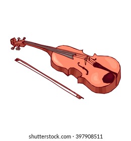 Hand drawn violin with bow isolated on white background. Classical musical instrument. Brown fiddle. String instrument.