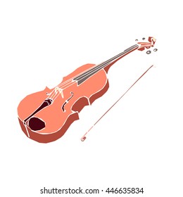 Hand drawn violin with bow isolated on white. Classical musical instrument. Brown fiddle. String instrument.
