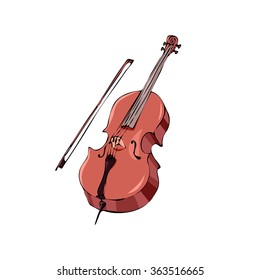Hand drawn violoncello with bow. Stringed musical instrument isolated on white. Vector illustration of cello.