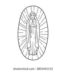 Hand drawn Virgin Mary praying with rosary and cross. Religious illustration symbolizing faith, devotion, prayer and spiritual reflection. Black outline vector isolated on white background.