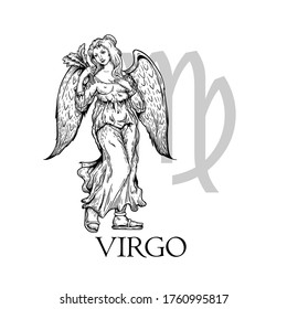 Hand drawn Virgo. Zodiac symbol in vintage gravure or sketch style. Mythical girl with wings (angel). Retro astrology constellation mysterious illustration isolated on white.