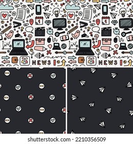 hand drawn virtual business technology workspace doodle elements colorful seamless pattern set with complimentary patterns on light and dark background
