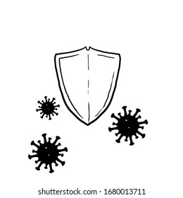 hand drawn virus protection concept with shield and virus cells on white background. Antibiotics, vaccination. Modern wireframe design vector illustration.doodle