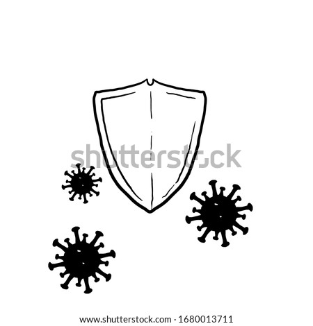 hand drawn virus protection concept with shield and virus cells on white background. Antibiotics, vaccination. Modern wireframe design vector illustration.doodle