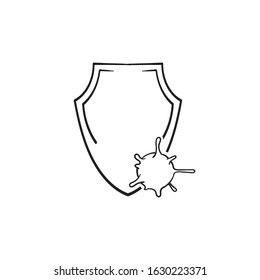 hand drawn virus and shield icon isolated on white