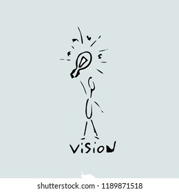 Hand drawn, vision idea, drawing of a man with a light bulb