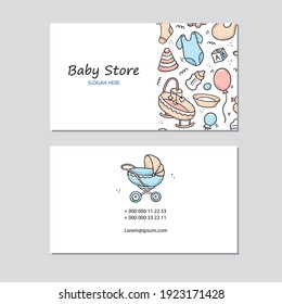 Hand Drawn Visit Card With Baby Things, Toy, Rattle, Milk Bootle, Clothes. Doodle Sketch Style. Illustration For Baby Store, Kids Shop Business Card Design Template.