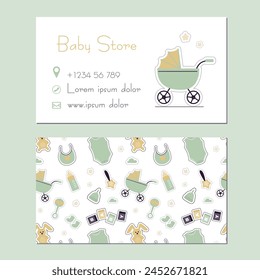 Hand drawn visit card with baby things, toy, pram, milk bottle, clothes. Doodle sketch style. Design for baby store, kids shop business card template. flat vector illustration