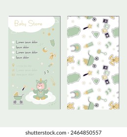 Hand drawn visit card with baby things, toy, pram, milk bottle, clothes. Doodle sketch style. Design for baby store, kids shop business card template. flat vector illustration