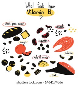 Hand drawn vitamin B1 main food sources: pork, seeds, nuts, oranges, whole-grain breads, legumes. Vector illustration is for pharmalogical or medical poster, flyer, dietary supplement.