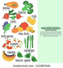 Hand drawn vitamin B9 or folic acid, folate food sources: legumes, asparagus, banana, papaya, eggs, beets, broccoli. Vector illustration is for pharmacological or medical poster, brochure.