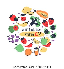 Hand drawn vitamin C ascorbic acid food sources: lemon, orange, guava, blackberry, papaya, broccoli, brussel sprouts. Vector illustration is for pharmacological or medical poster, brochure.