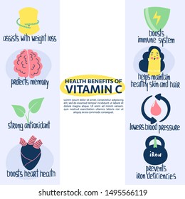 Hand drawn vitamin C ascorbic acid benefits: protects memory, lowers blood pressure, strong antioxidant, assists weight loss. Vector illustration is for pharmacological or medical poster, brochure.