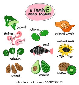 Hand drawn vitamin E ( tocopherol) main food sources: almonds, avocado, trout, sunflower seeds. Vector illustration is for pharmalogical or medical poster, flyer, dietary supplement.